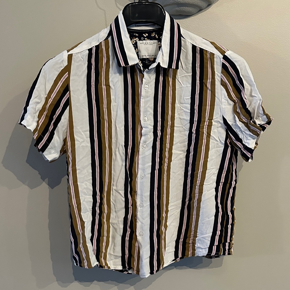 Denim & Flower Striped Button Down Shirt - Black, White, Brown, pink
